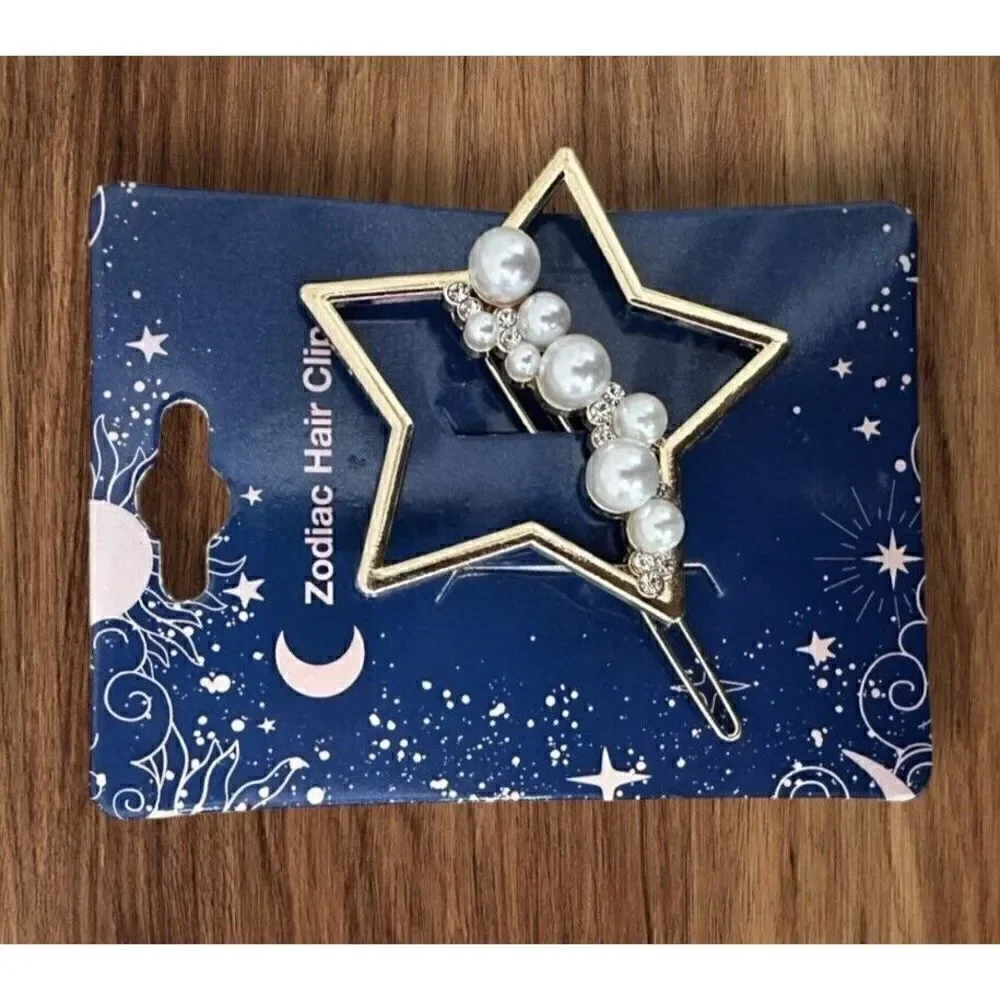 NWT 2 Inch Zodiac Gold Plated Metal Faux Imitation Pearl Star Hair Clip Barrette